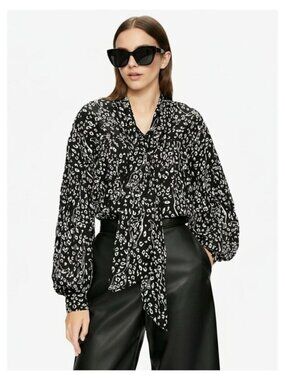 TED BAKER Gaelle Leopard-Print Bow Neck Tie Jacquard Blouse Women's Size 2